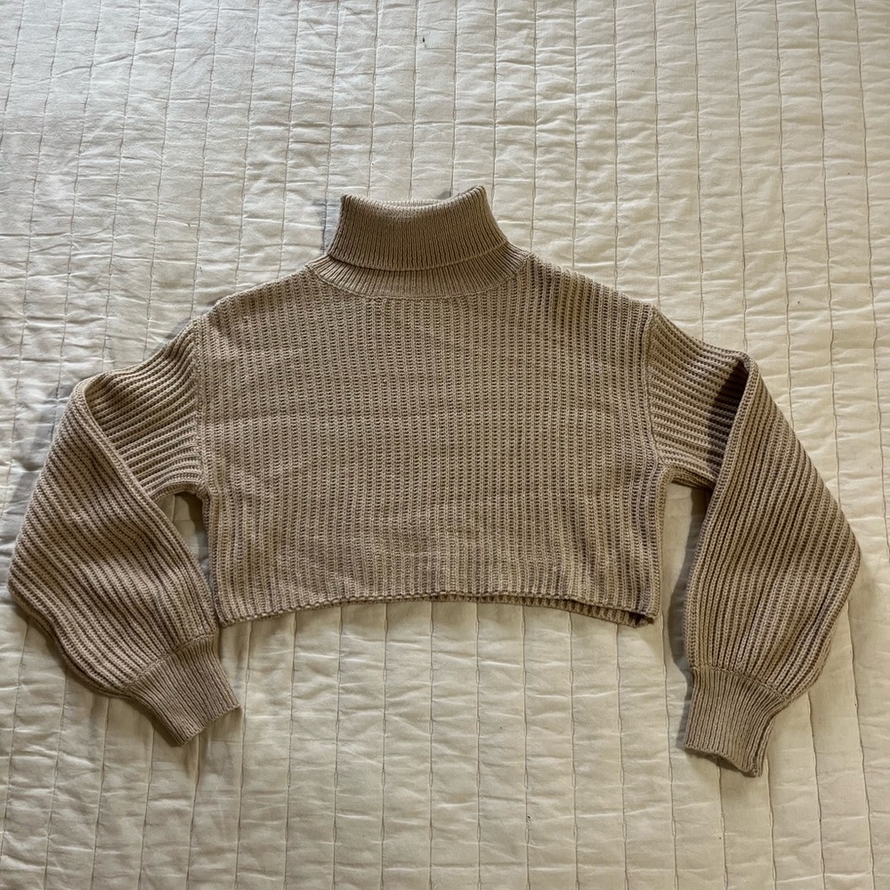 SHEIN Tan Cowl Neck Cropped Sweater